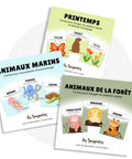 Cartes d'apprentissage actives sur le thème du printemps, des animaux de la forêts et des animaux marins pour faire des pauses actives en restant en position assise.