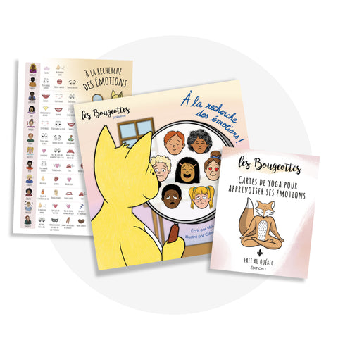 Ensemble de produits qui font bouger et qui permettant aux enfants de 2 ans et plus d'apprendre sur la gestion des émotions par le yoga. 