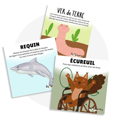 Cartes d'apprentissage actives sur le thème du printemps, des animaux de la forêts et des animaux marins pour faire des pauses actives en restant en position assise.