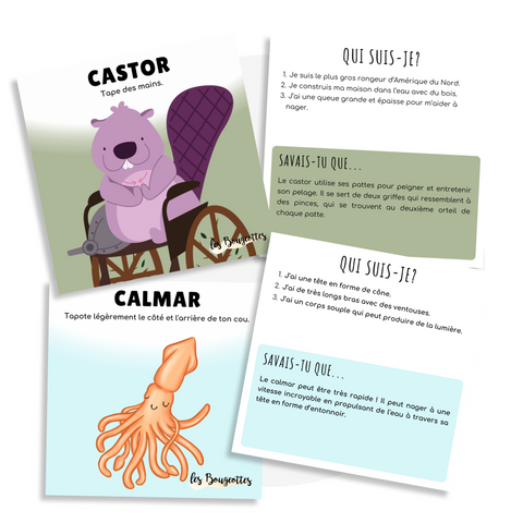Cartes d'apprentissage actives sur les aniamux de la forêt pour faire des pauses actives en restant en position assise avec des exercies du haut du corps et d'auto-massage.