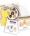 Ensemble parfait pour les éducatrices contenant des cartes d'apprentissage actives des animaux de la ferme et un livre interactif sur les émotions pour faire bouger les enfants en petite enfance et stimuler le langage. 