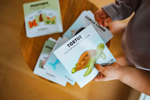 Des cartes d'apprentissage (printemps, animaux de la forêt, animaux marins) qui contiennent des mouvements à faire en position assise. 