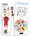 Activités à imprimer pour l’apprentissage et la gestion des émotions (peur, tristesse, colère, joie) incluant un jeu de bingo, une roue des émotions et une activité de préécriture