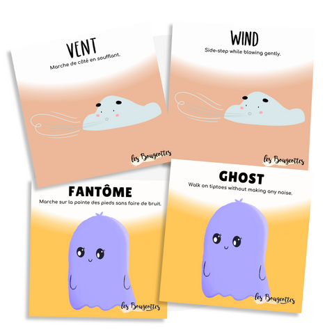 Cartes d'apprentissage actives bilingues du vent (automne) et du fantome (halloween)