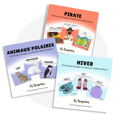 Ensemble de cartes d'apprentissage actices sour le thème des pirates, des animaux polaires et de l'hiver pour faire des pauses actives en restant debout tout en stimulant le langage des enfants de 2 ans et plus.