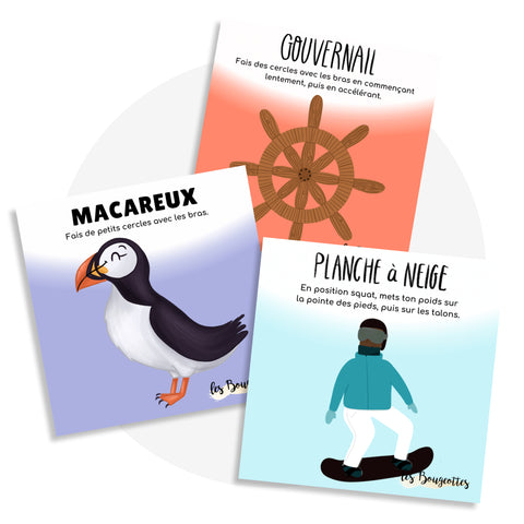 Ensemble de cartes d'apprentissage actices sour le thème des pirates, des animaux polaires et de l'hiver pour faire des pauses actives en restant debout tout en stimulant le langage des enfants de 2 ans et plus.
