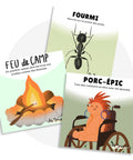 Cartes d'apprentissage actives thématique du camping, insectes et des animaux de la forêt (feux de camp, porc-épic, fourmi) pour faire des pauses actives.