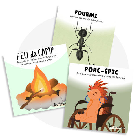 Cartes d'apprentissage actives thématique du camping, insectes et des animaux de la forêt (feux de camp, porc-épic, fourmi) pour faire des pauses actives.