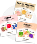 Cartes d'apprentissage actives sur le thème des fruits, des légumes et des animaux de la ferme pour stimuler le langage à travers le mouvement dès 18 mois et plus.