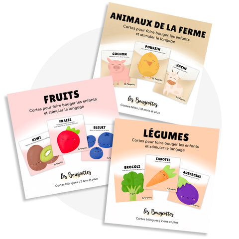 Cartes d'apprentissage actives sur le thème des fruits, des légumes et des animaux de la ferme pour stimuler le langage à travers le mouvement dès 18 mois et plus.
