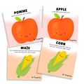 Ensemble de cartes d'apprentissage fruits (pomme) et légumes (maïs) bilingues pour faire bouger les jeunes de 2 ans et plus