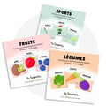 Ensemble de cartes d'apprentissage fruits, légumes et sports pour initier les enfants aux saines habitudes de vie par le mouvement.