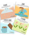 Cartes d’apprentissage actives hiver, printemps, été, automne, bilingues pour faire des pauses actives et stimuler le langage aux enfants dès 2 ans.