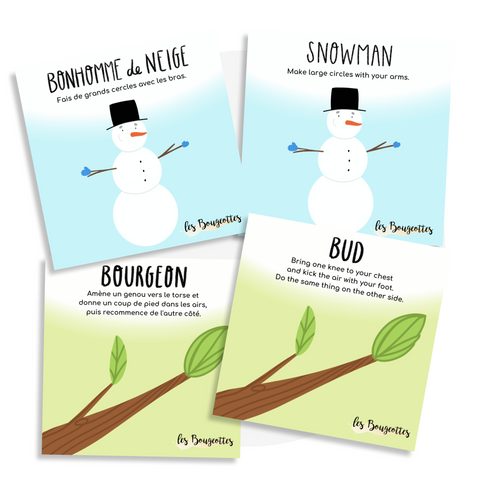 Cartes d’apprentissage actives hiver, printemps, été, automne, bilingues pour faire des pauses actives et stimuler le langage aux enfants dès 2 ans.