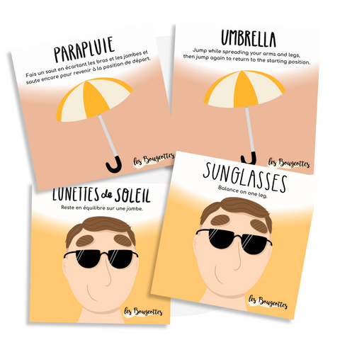 Cartes d’apprentissage actives hiver, printemps, été, automne, bilingues français et anglais pour faire des pauses actives et stimuler le langage aux enfants dès 2 ans.