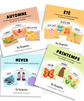 Ensemble de 48 cartes d’apprentissage actives hiver, printemps, été, automne, bilingues pour faire des pauses actives et stimuler le langage aux enfants dès 2 ans.
