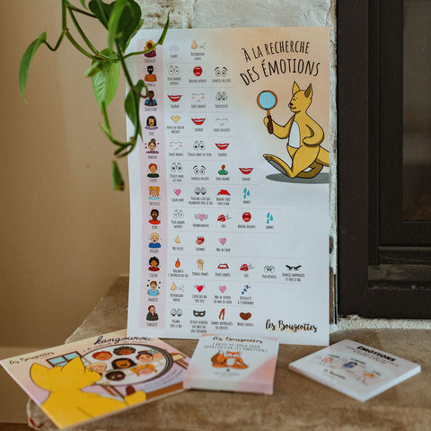 Ensemble yoga et emotions (livre interactif émotion, cartes de yoga et affiche émotions) dans une garderie sous une plante. 