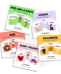 Ensemble de cartes des fêtes pour faire des pauses actives : Noël, Noël sur la route, Pâques, Saint-Valentin et Halloween