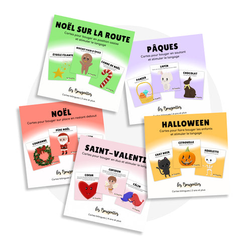 Ensemble de cartes des fêtes pour faire des pauses actives : Noël, Noël sur la route, Pâques, Saint-Valentin et Halloween