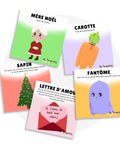 Cartes d'apprentissage des fêtes : Noël (sapin), Noël sur la route (mère-Noël), pâques (carotte), Halloween (fantôme) et Saint-Valentin (lettre d'amour) pour faire des pauses actives. 