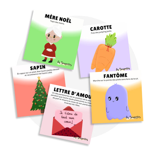 Cartes d'apprentissage des fêtes : Noël (sapin), Noël sur la route (mère-Noël), pâques (carotte), Halloween (fantôme) et Saint-Valentin (lettre d'amour) pour faire des pauses actives. 