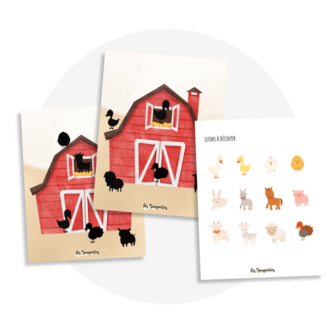 Activité à imprimer éducative du jeu des ombres sur le thème des animaux de la ferme pour les enfants de 3 ans et plus.

