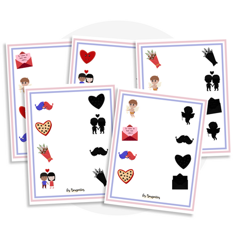 Activité à imprimer pour enfant 2 ans et plus pour aider à développer la coordination œil-main, la discrimination visuelle et la préparation à l’écrituresur le thème de la Saint-Valentin (cupidon, chocolat, câlin, amour, lettre)