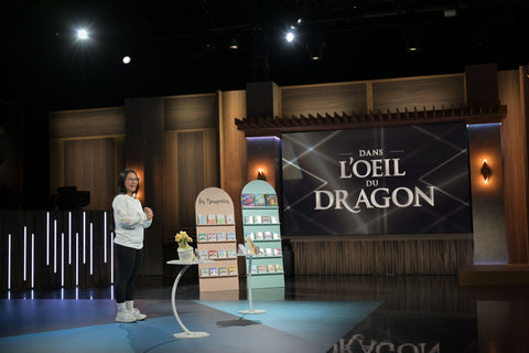 Les Bougeottes à l'émission Dans l'oeil du Dragon avec les dragons : Georges Karam, David Côté, Anne Martel, Luc Poirier et Nicolas Duvernois