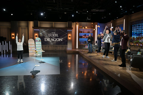 Les Bougeottes à l'émission Dans l'oeil du Dragon avec les dragons : Georges Karam, David Côté, Anne Martel, Luc Poirier et Nicolas Duvernois