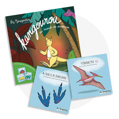 Livre interactif qui fait bouger les enfants durant la lecture grâce à des cartes de mouvement sur le thème de l'emphathie avec les dinosaures
