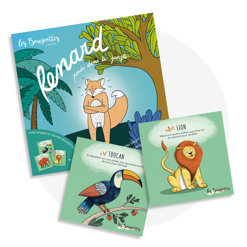 Livre interactif qui fait bouger les enfants durant la lecture grâce à des cartes de mouvement sur le thème de la coopération et du travail d'équipe avec les animaux de la jungle