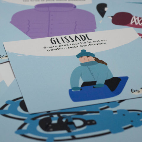 Cartes d’apprentissage actives thématiques hiver (manteau, traineau, patin) pour pauses actives ludiques et langage des enfants.
