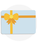 Pictogramme d’une carte cadeau virtuelle Les Bougeottes, carte bleue avec ruban jaune, montant personnalisable