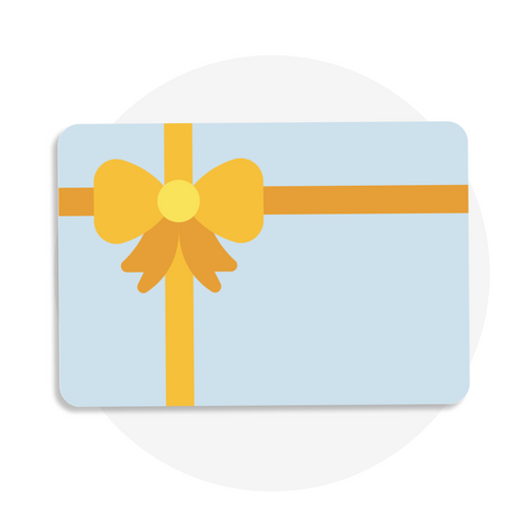 Pictogramme d’une carte cadeau virtuelle Les Bougeottes, carte bleue avec ruban jaune, montant personnalisable