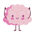 Pictogramme cerveau rose souriant, illustrant l’apprentissage actif et amusant par l’activité physique.