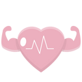 Pictogramme cœur rose avec rythme cardiaque et bras musclés, illustrant les bienfaits de l’activité physique