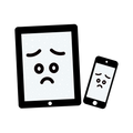 Pictogramme tablette et téléphone tristes, illustrant la réduction du temps d’écran et de la sédentarité.