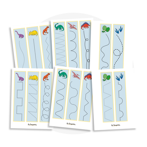 Activité à imprimer pour enfant 4 ans et plus : atelier de tracé pour travailler la prise du crayon et le contrôle musculaire sur le thème des dinosaures