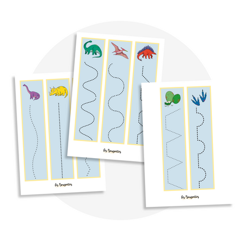 Activité à imprimer pour enfant 4 ans et plus : atelier de tracé pour travailler la prise du crayon et le contrôle musculaire sur le thème des dinosaures