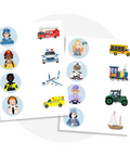 activité à imprimer d’association entre métiers et véhicules (pompier avec camion, policier avec voiture, pilote avec avion, agriculteur avec tracteur) pour stimuler l’apprentissage et la logique des enfants