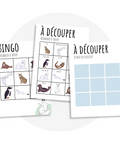 Jeu de bingo des animaux polaires à imprimer avec différentes fiches et jetons bleus (lynx, loup, tigre blanc)