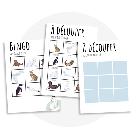 Jeu de bingo des animaux polaires à imprimer avec différentes fiches et jetons bleus (lynx, loup, tigre blanc)