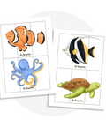 Activité à imprimer : casse-tête de 3 morceaux sur les animaux marins (poisson-clown, pieuvre, tortue, zancle cornu