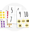 Activité éducative à imprimer : feuillets de chiffres, d’équations (+, −, ×, ÷) et d’illustrations de fruits et légumes pour apprendre les mathématiques de façon ludique