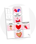 Activité éducative à imprimer : cube actif de la Saint-Valentin avec illustrations et mouvements décrits pour des pauses actives dès 2 ans