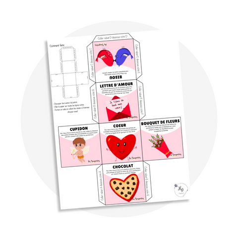 Activité éducative à imprimer : cube actif de la Saint-Valentin avec illustrations et mouvements décrits pour des pauses actives dès 2 ans