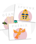 Activité éducative à imprimer pour enfants : feuilles de préécriture avec créatures fantastiques (géant, sphinx, phénix) pour stimuler l’écriture et l’imaginaire