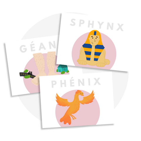Activité éducative à imprimer pour enfants : feuilles de préécriture avec créatures fantastiques (géant, sphinx, phénix) pour stimuler l’écriture et l’imaginaire