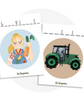 Activité à imprimer de mots troués pour la pré-écriture chez l'enfant avec des métiers et véhicules (agricultrice, tracteur)