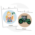 Activité à imprimer de mots troués pour la pré-écriture chez l'enfant avec des métiers et véhicules (agricultrice, tracteur)
